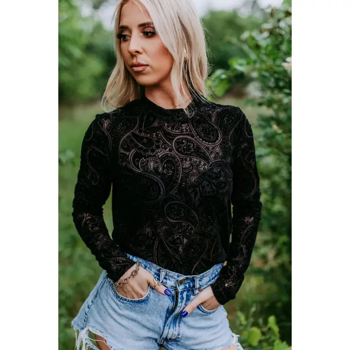 Saddle Up Velvet Long Sleeve Mesh Top