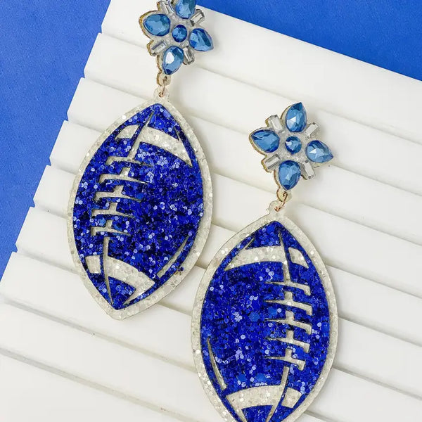 GAME DAY Glitter Football Dangle Earrings - Blue & White