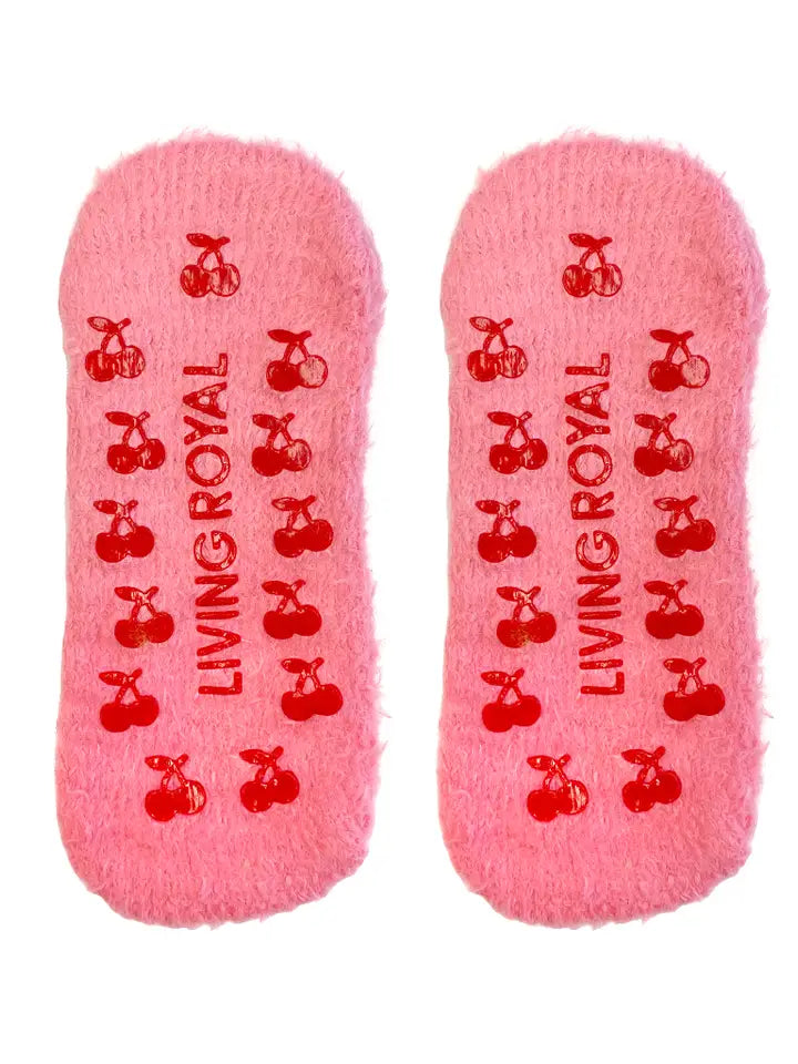 Fuzzy Slipper Socks - Funny Face Cherries - Pink