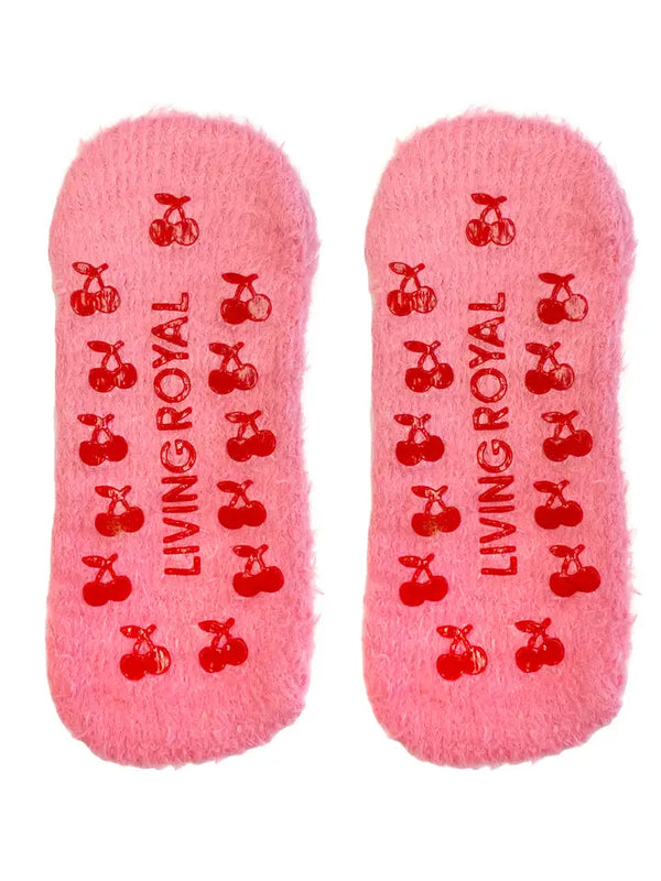 Fuzzy Slipper Socks - Funny Face Cherries - Pink