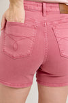 Judy Blue HW Garment Dyed & Back Pocket Embroidery Shorts - rose color - Curvy Size