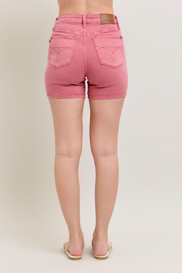 Judy Blue HW Garment Dyed & Back Pocket Embroidery Shorts - rose color - Curvy Size