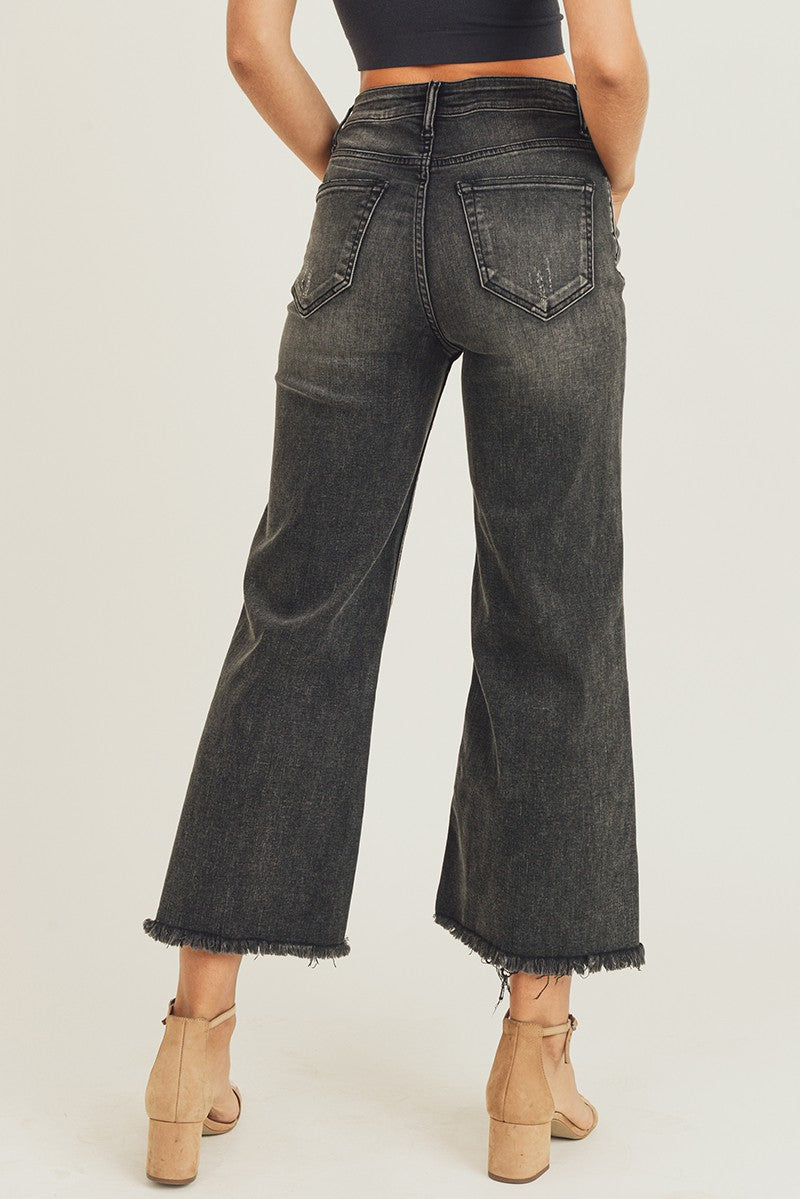 Risen High Waisted Frayed Hem Wide Leg Jeans