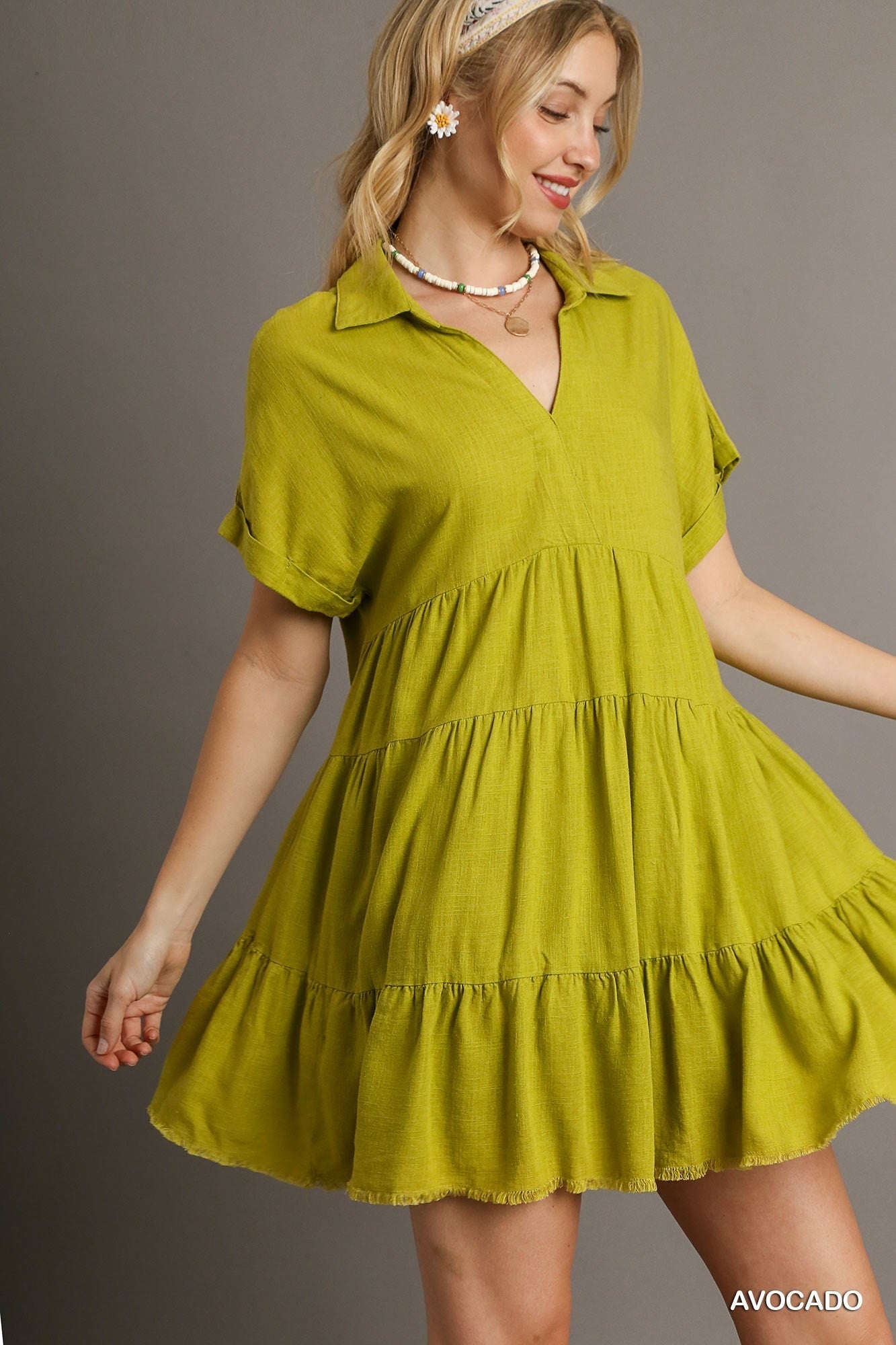 SALE UMGEE Linen Blend V-Neck Collared Ruffle Tiered Dress