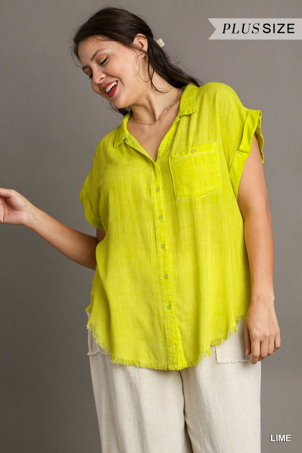 Umgee Washed Button Down Frayed Hem Top - Curvy Size