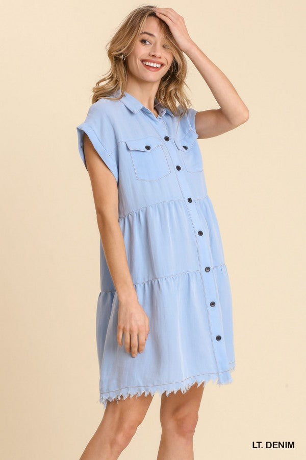 Umgee Snow Washed Button Front Ruffle Dress