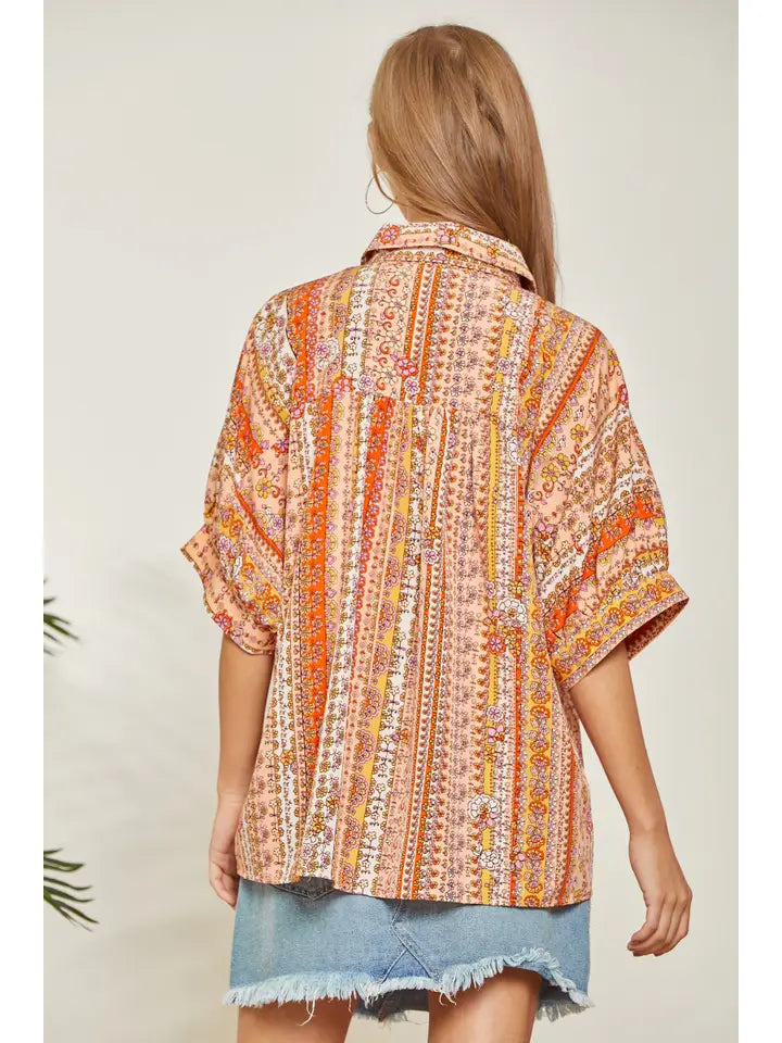 Satin Like Print Top This Features Button Up Front - Curvy Size