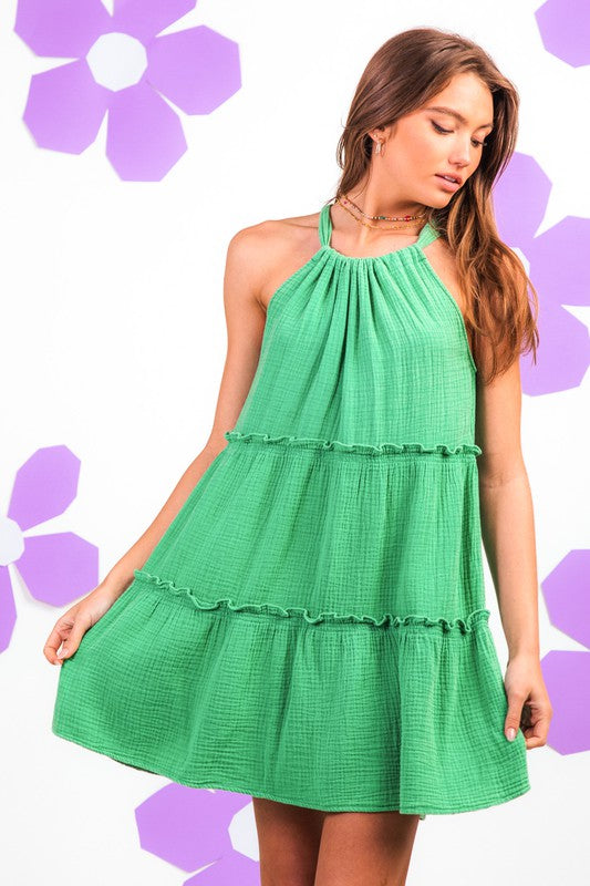 Sleeveless Double Gauze Tiered Halter Mini Dress - 2 Colors
