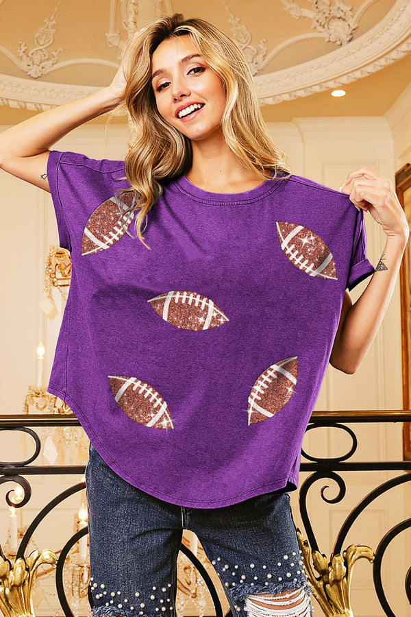 Game Day Football Sequin Embroidery Vintage Washed Top - 2 Colors