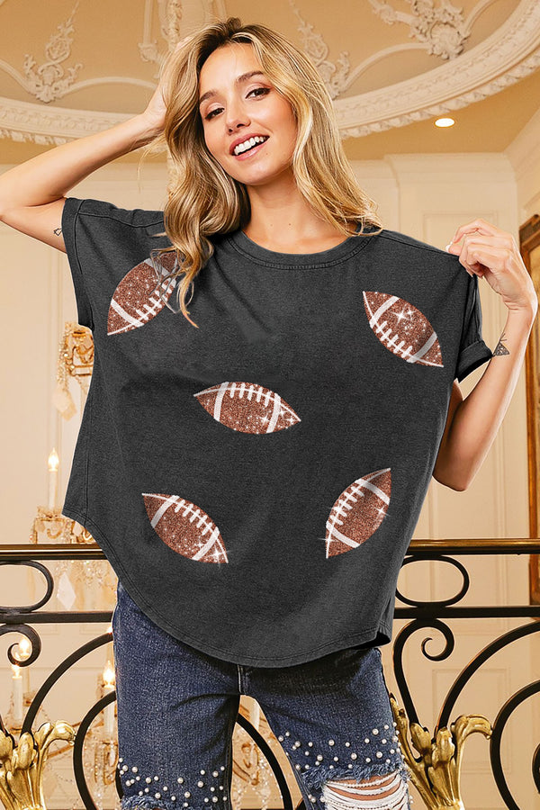 Game Day Football Sequin Embroidery Vintage Washed Top - 2 Colors