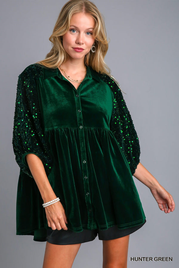 Velvet Sequins Contrast Tiered Tunic Dress - 2 Colors