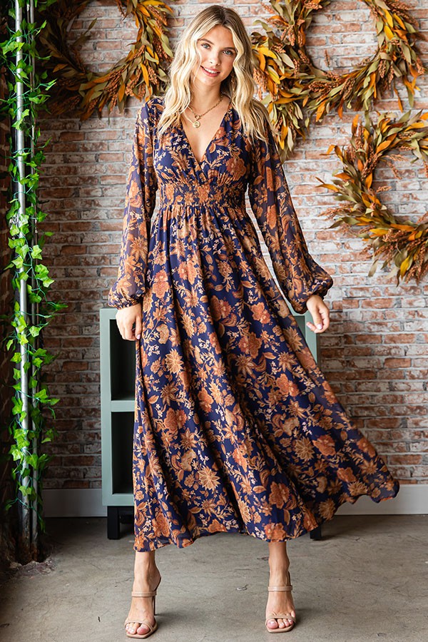 SALE First Love Floral Print Surplice Smocked Waist Maxi Dress