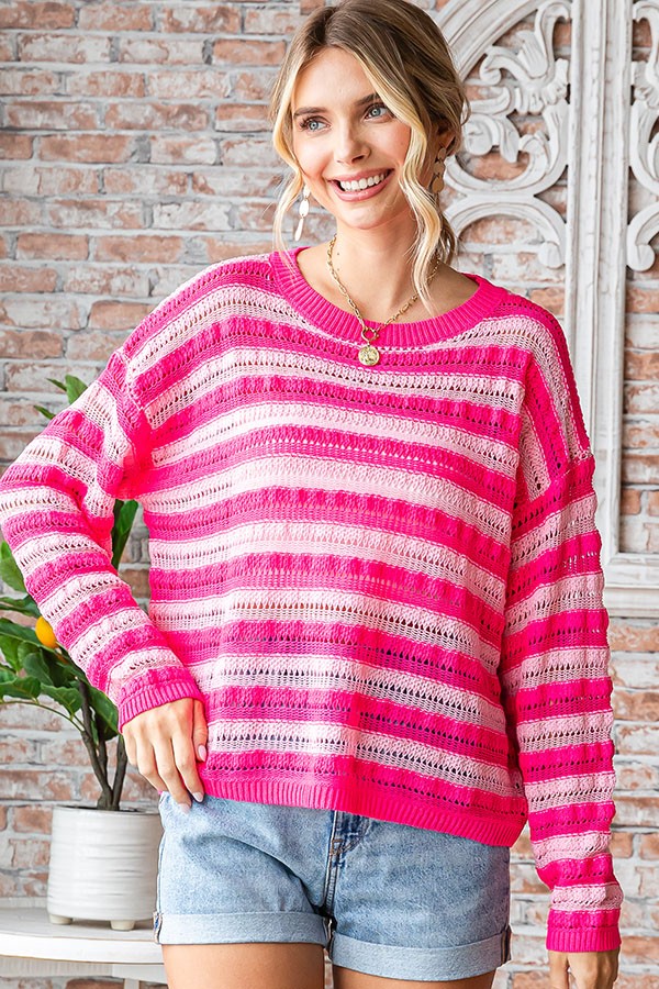 Valentine  First Love Striped Crochet Long Sleeve Light Knitted Sweater - Curvy Size