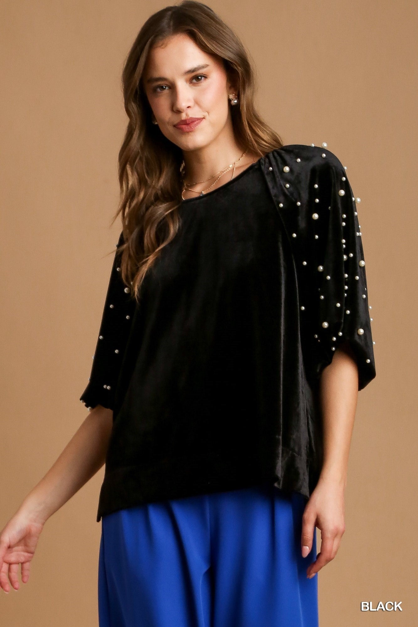 Velvet Top with Pearl Balloon Sleeve