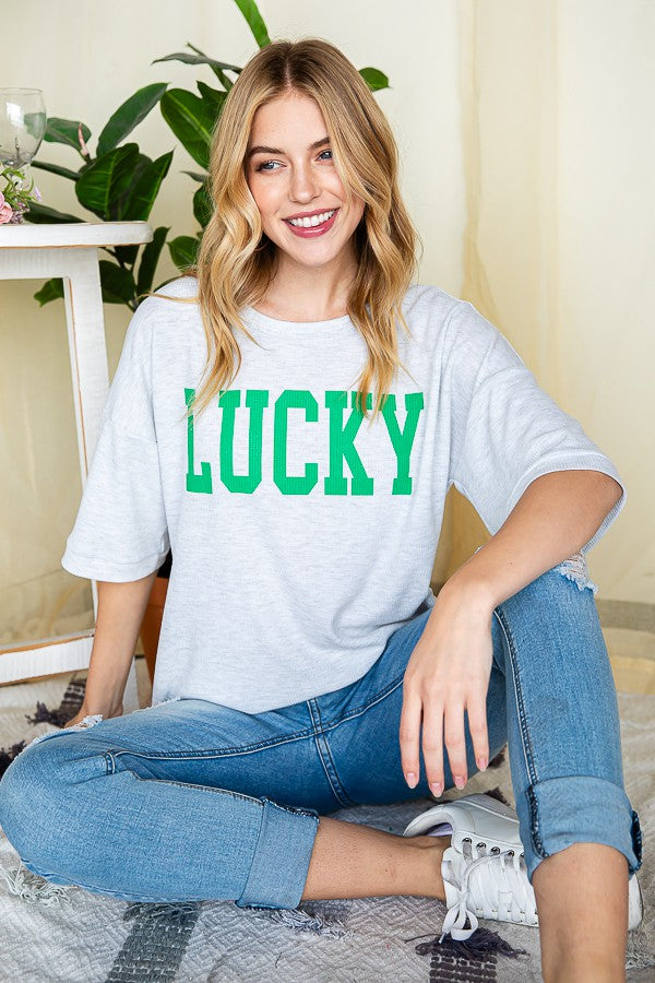 ST PATRICKS Heimish Solid Ribbed Lettering Top "Lucky" - Curvy Size