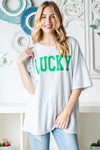 ST PATRICKS Heimish Solid Ribbed Lettering Top "Lucky" - Curvy Size