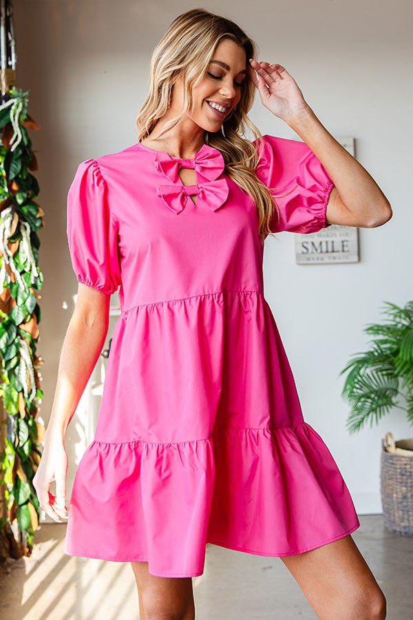 Solid Color Ribbon Front Keyhole Poplin Dress