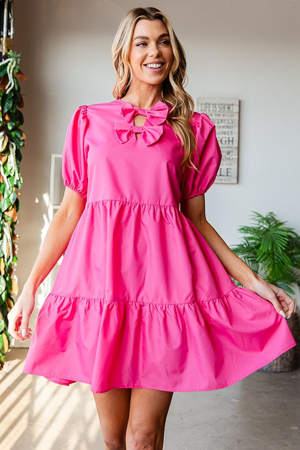 Solid Color Ribbon Front Keyhole Poplin Dress