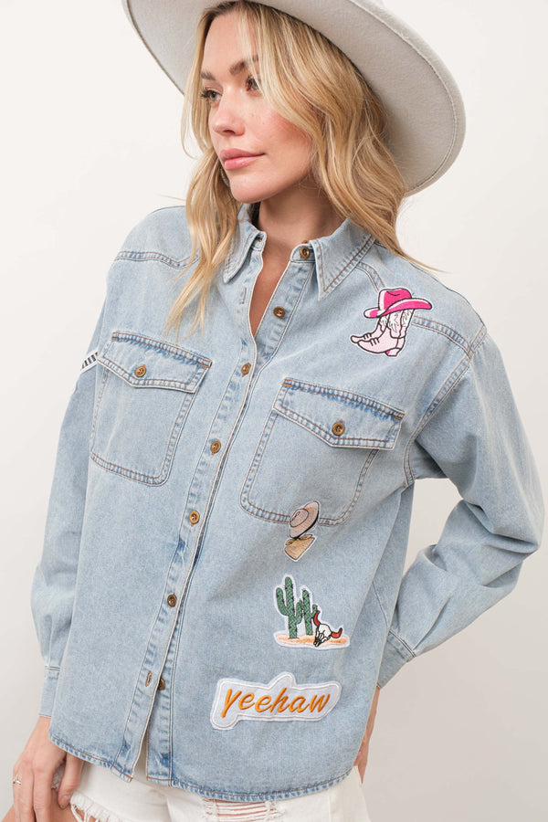 Washed Chambray Western Patch Button Up Shirts