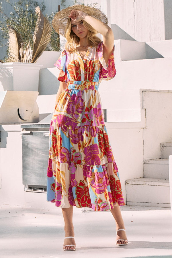 ODDI Floral Printed Tiered Midi Dress