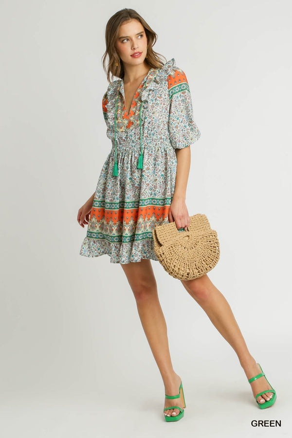 Umgee V-neck Boarder print Dress with Elastic Waist