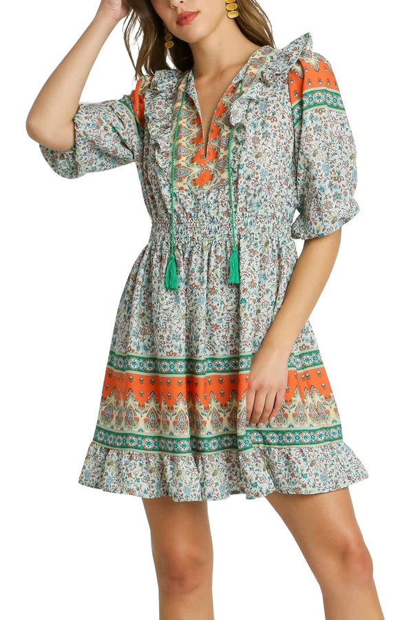 Umgee V-neck Boarder print Dress with Elastic Waist