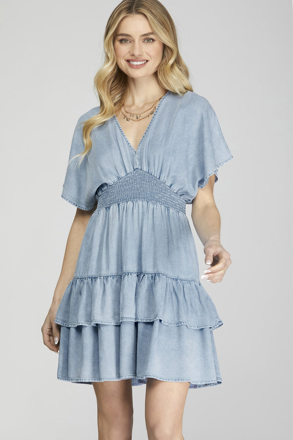 She + Sky Smoking Waist V-neck Tiered layers ruffled denim mini dress