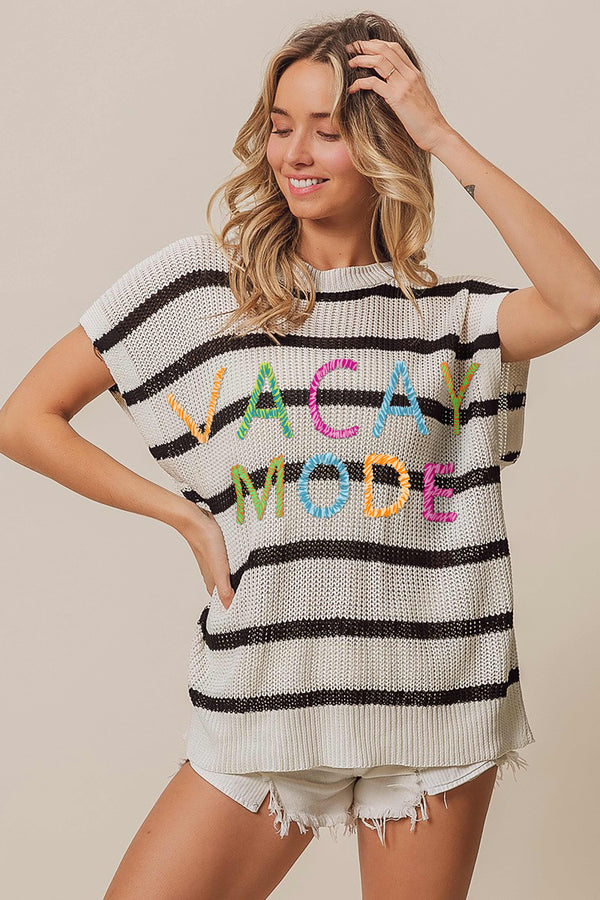 SUMMER OFFICE TOTE BIBI Vacay Mode Lettering Drop Shoulder Striped Sweater - Curvy Size