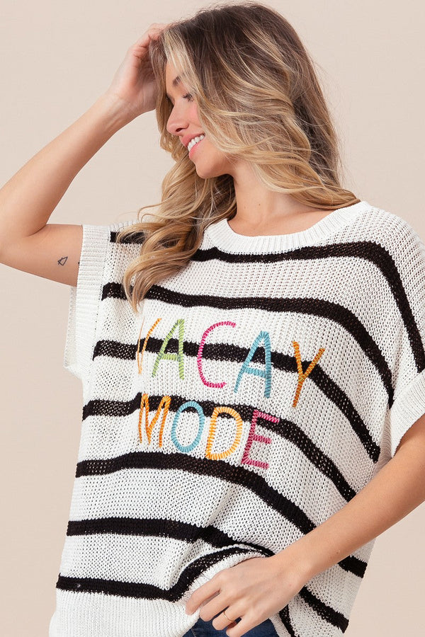 SUMMER OFFICE TOTE BIBI Vacay Mode Lettering Drop Shoulder Striped Sweater - Curvy Size