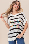 SUMMER OFFICE TOTE BIBI Vacay Mode Lettering Drop Shoulder Striped Sweater - Curvy Size