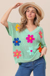 BIBI Crochet Flower Patches Short Dolman Sleeve V-neck Sweater