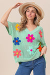 BIBI Crochet Flower Patches Short Dolman Sleeve V-neck Sweater - Curvy Size