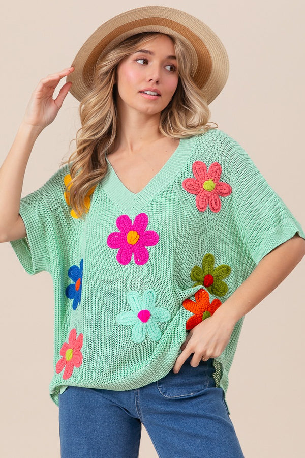 BIBI Crochet Flower Patches Short Dolman Sleeve V-neck Sweater