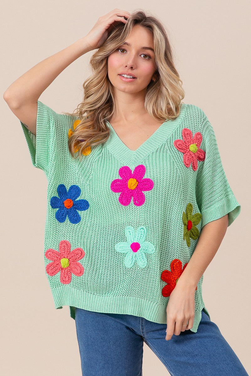 BIBI Crochet Flower Patches Short Dolman Sleeve V-neck Sweater