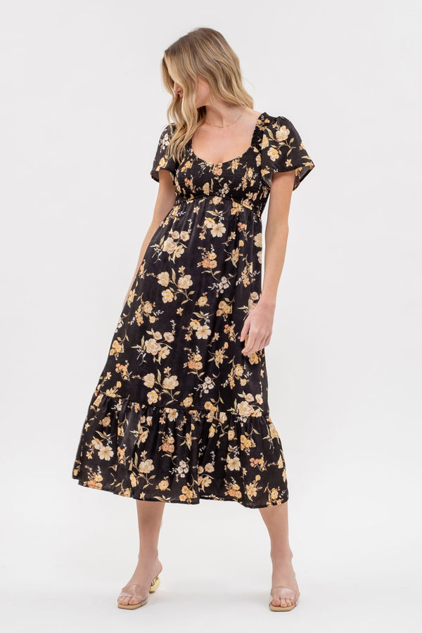 Blu Pepper Smocked Floral Print Short Sleeve Midi Dress