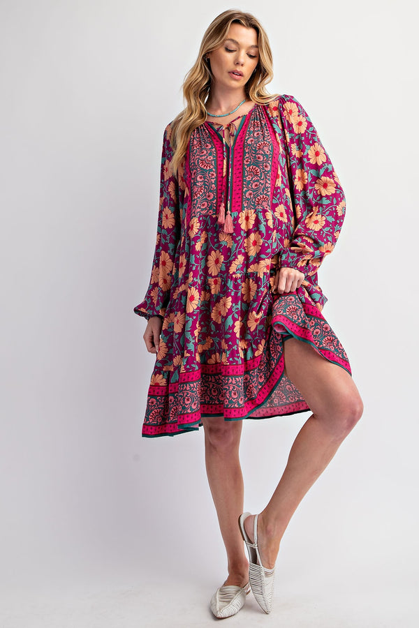 SALE Easel Border Printed Rayon Challis Dress