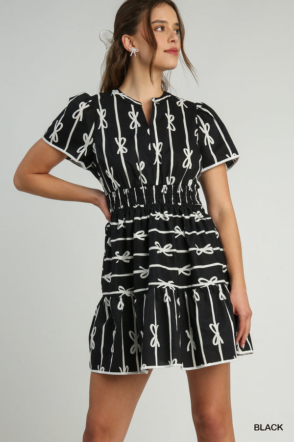 UMGEE Ribbon Print Tiered Mini Dress With Elastic Waist