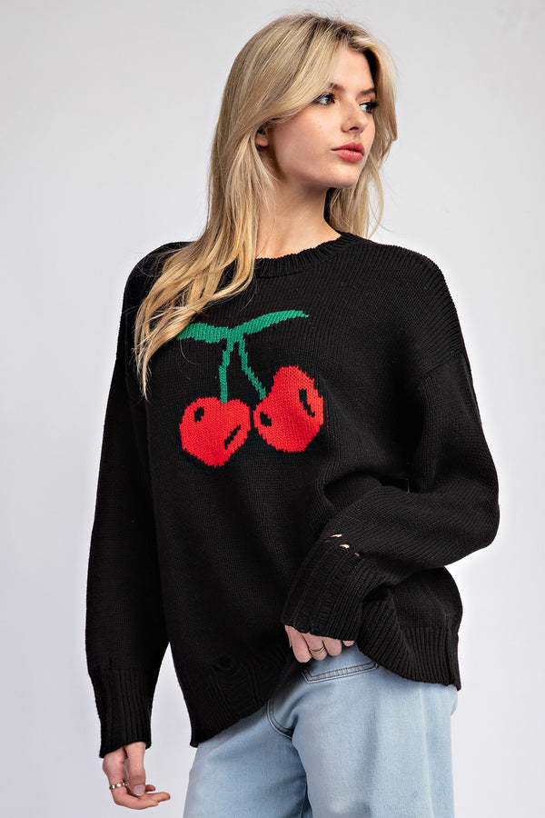 eesome Cherry Print Long Sleeve Sweater