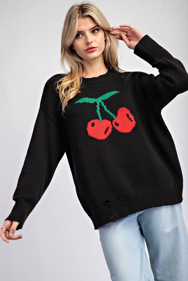 eesome Cherry Print Long Sleeve Sweater