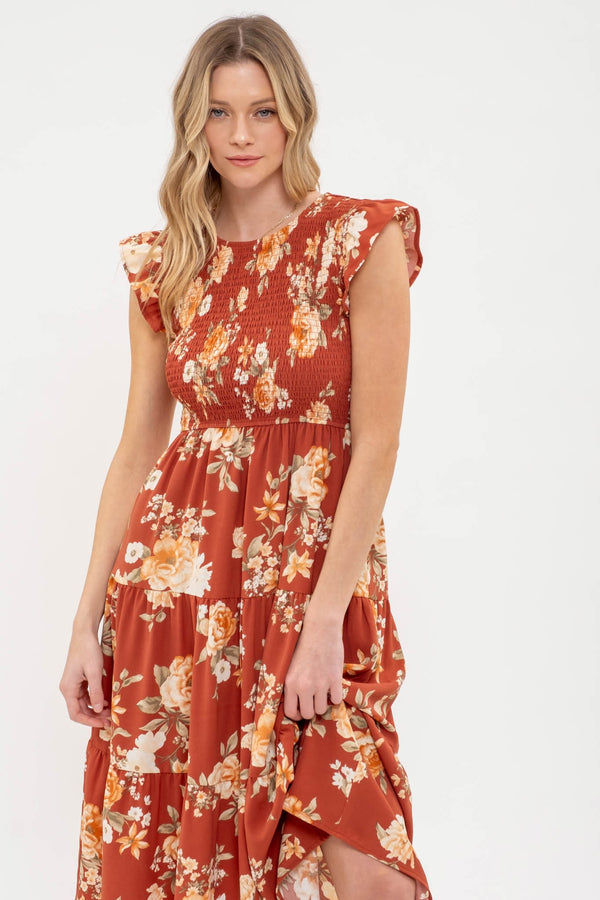 Blu Pepper Smocked Tiered Floral Midi Dress