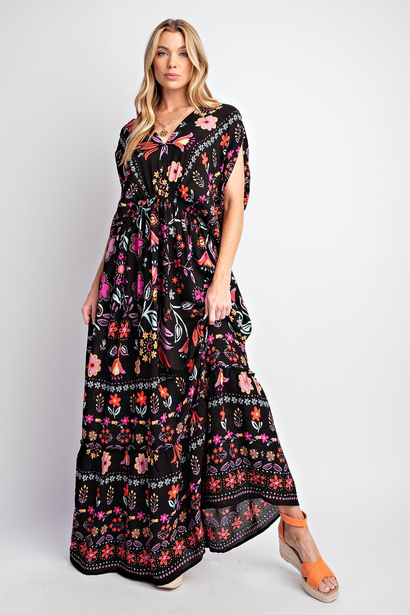 Easel Dolman Sleeve Printed Gauze Maxi Dress