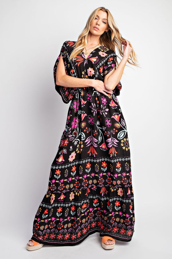 Easel Dolman Sleeve Printed Gauze Maxi Dress