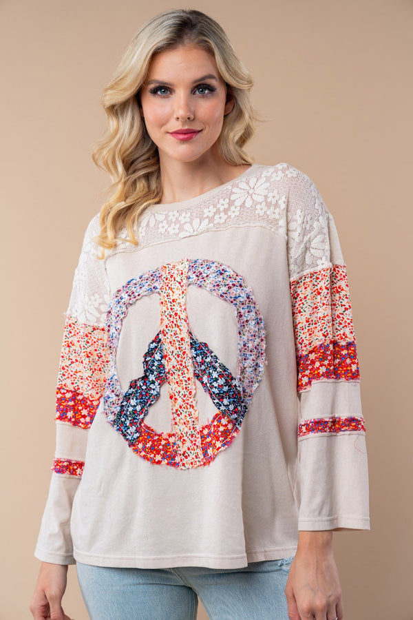 White Birch Long Sleeve Solid Woven Top - peace print - Curvy Size