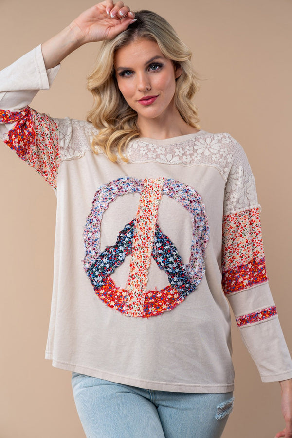 White Birch Long Sleeve Solid Woven Top - peace print - Curvy Size