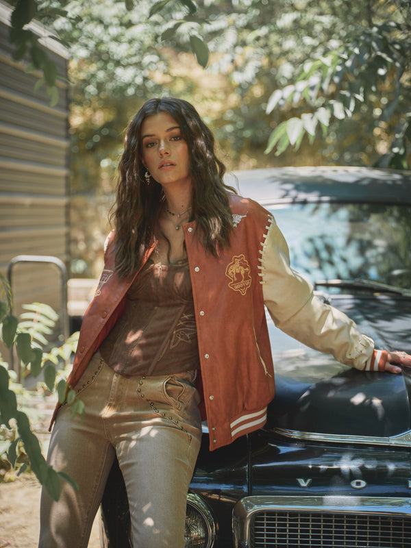 Blue B Faux Leather Western Embroidered Bomber Jacket