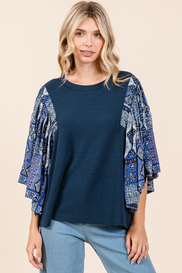 Mittoshop Paisley Patchwork Print Ruffle Flutter Sleeve Top