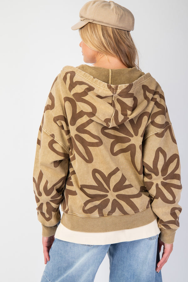 Easel Washed Floral Print Zip up Hoodie