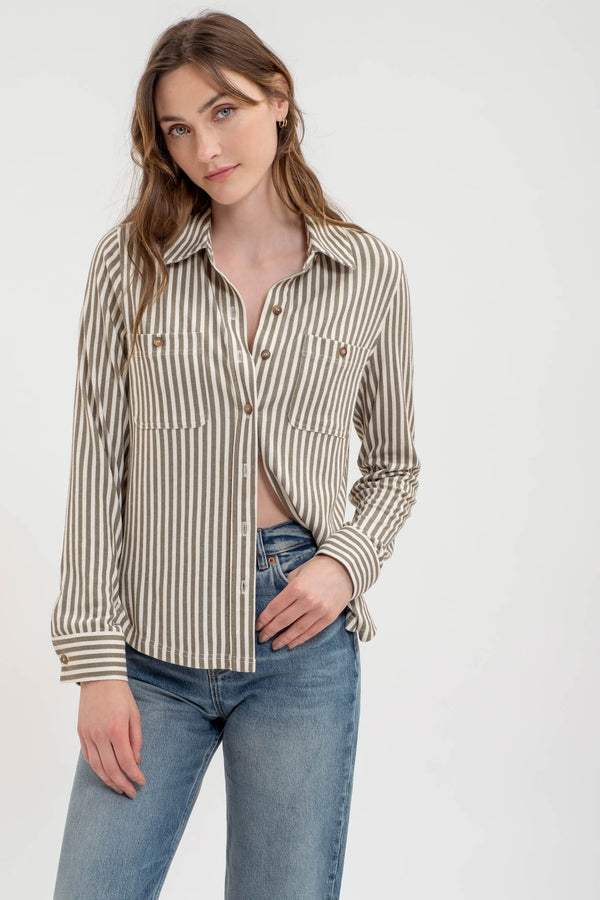 Blu Pepper Stripe Collared Long Sleeve Button Down Shirt - Curvy Size