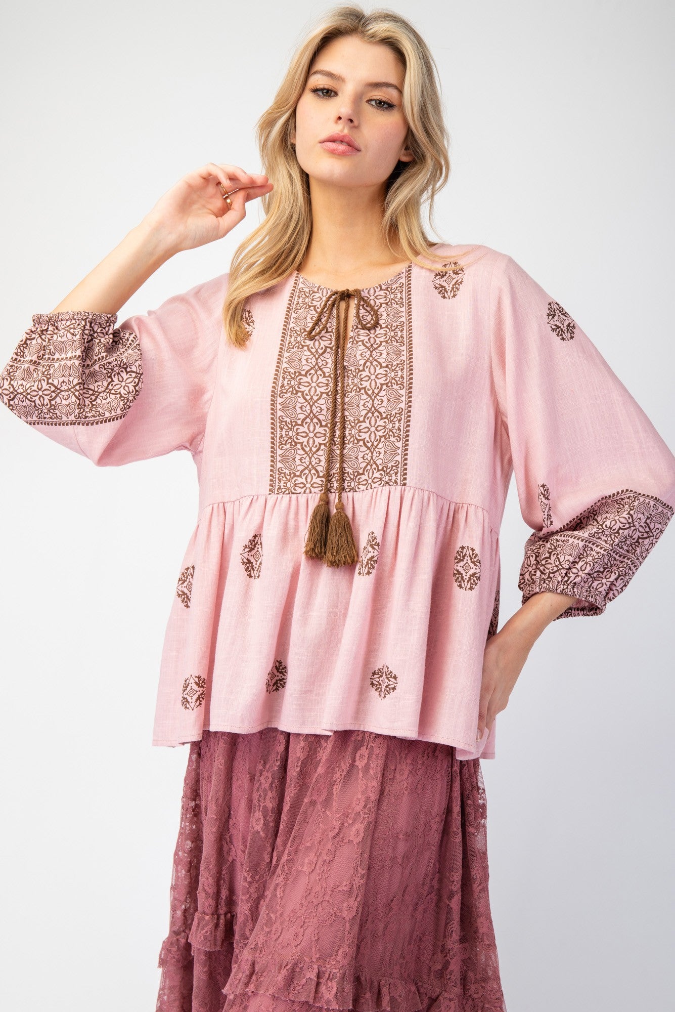 Easel Border Printed Poly Linen Babydoll Tunic