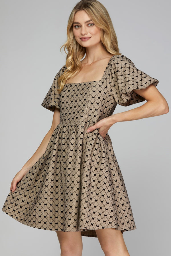 Square Neck Short Sleeve Bow Print Woven Dress